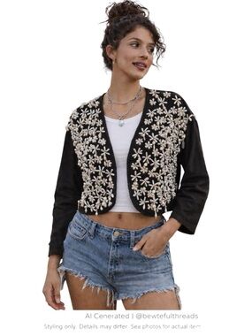 Vintage Pearl Beaded Cropped Jacket Black Floral Statement Open Front L